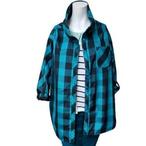 Peter Nygard large teal black plaid 3/4 sleeve lightweight shacket